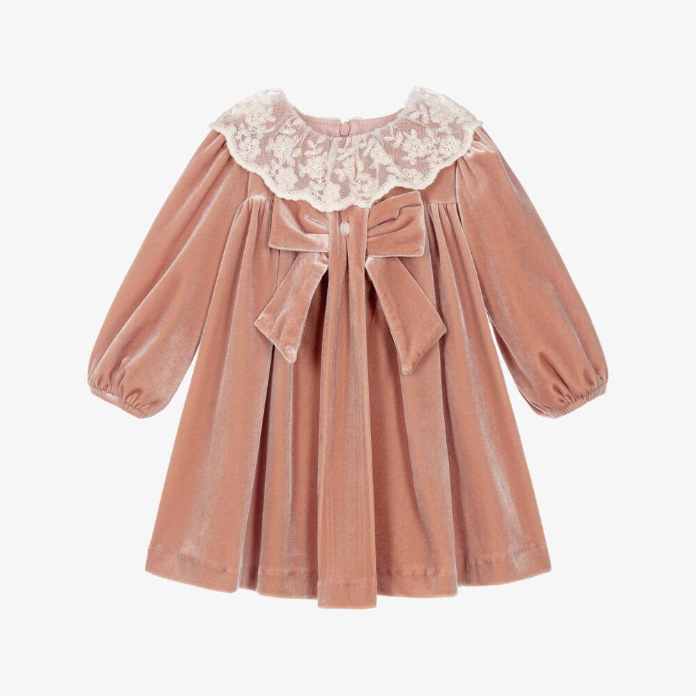 Patachou-Girls Dusky Pink Velour Dress with Lace Collar | Childrensalon