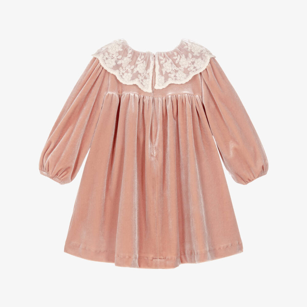 Patachou-Girls Dusky Pink Velour Dress with Lace Collar | Childrensalon
