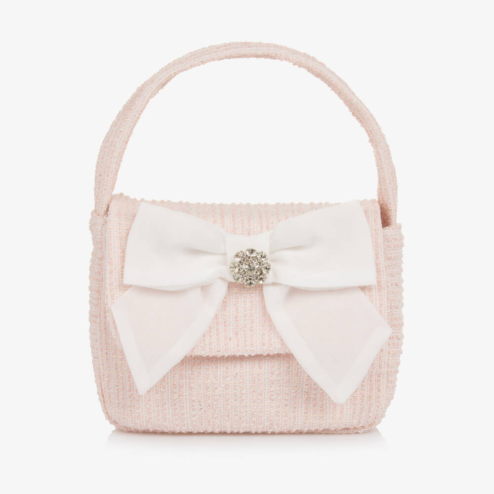 Patachou-Girls Glittery Pink Tweed Bag with White Chiffon Bow (21cm) | Childrensalon