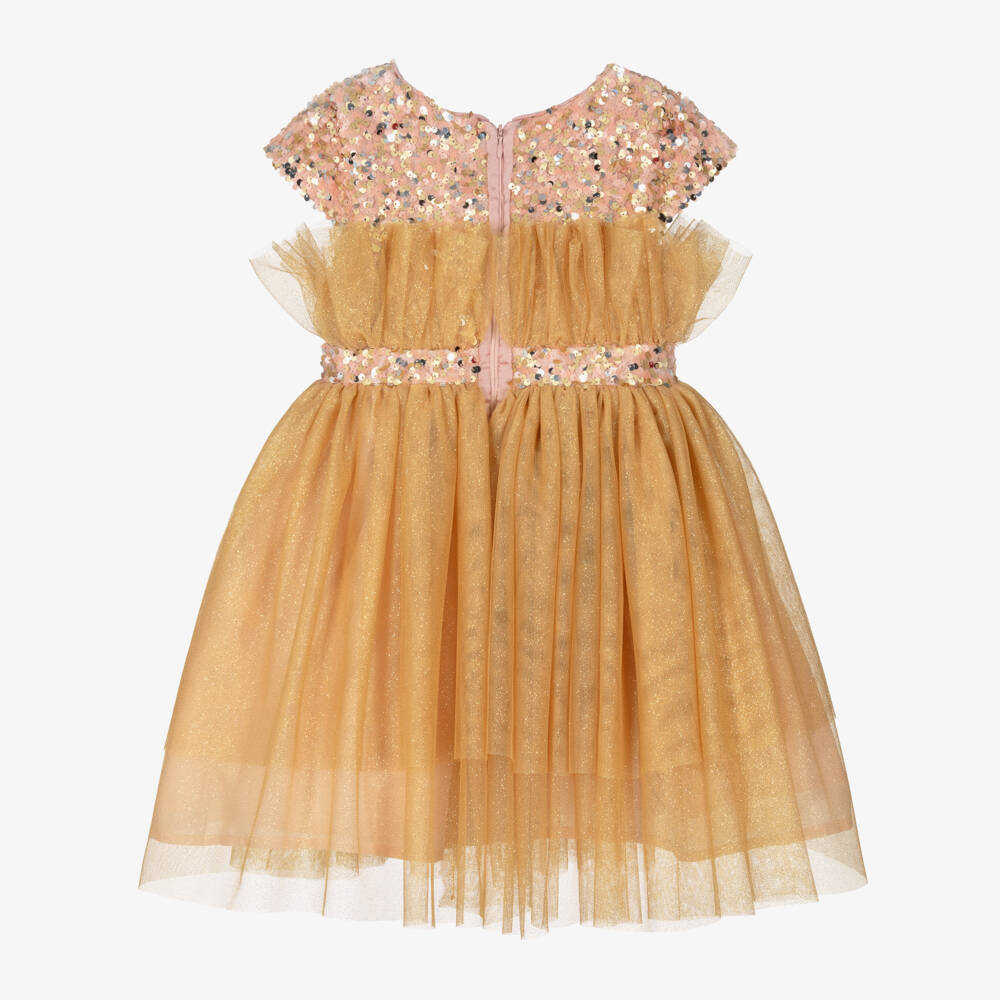 Patachou-Girls Gold Glitter Tulle Dress | Childrensalon
