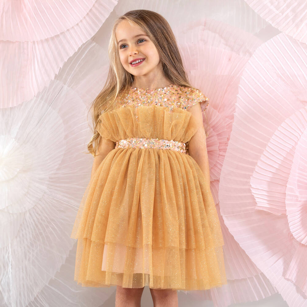 Patachou-Girls Gold Glitter Tulle Dress | Childrensalon
