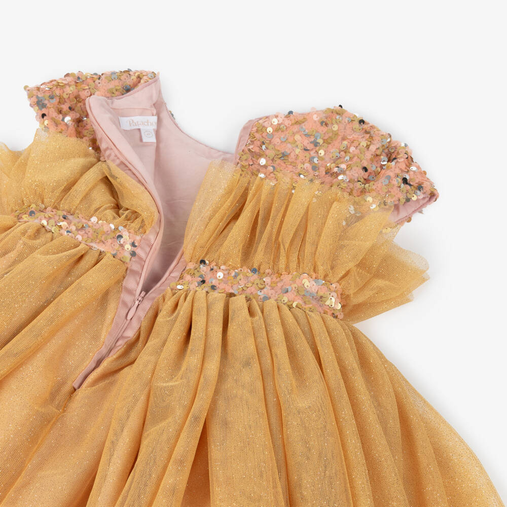 Patachou-Girls Gold Glitter Tulle Dress | Childrensalon