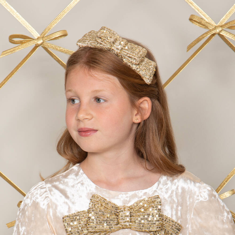 Patachou-Girls Gold Sequin Bow Hairband | Childrensalon