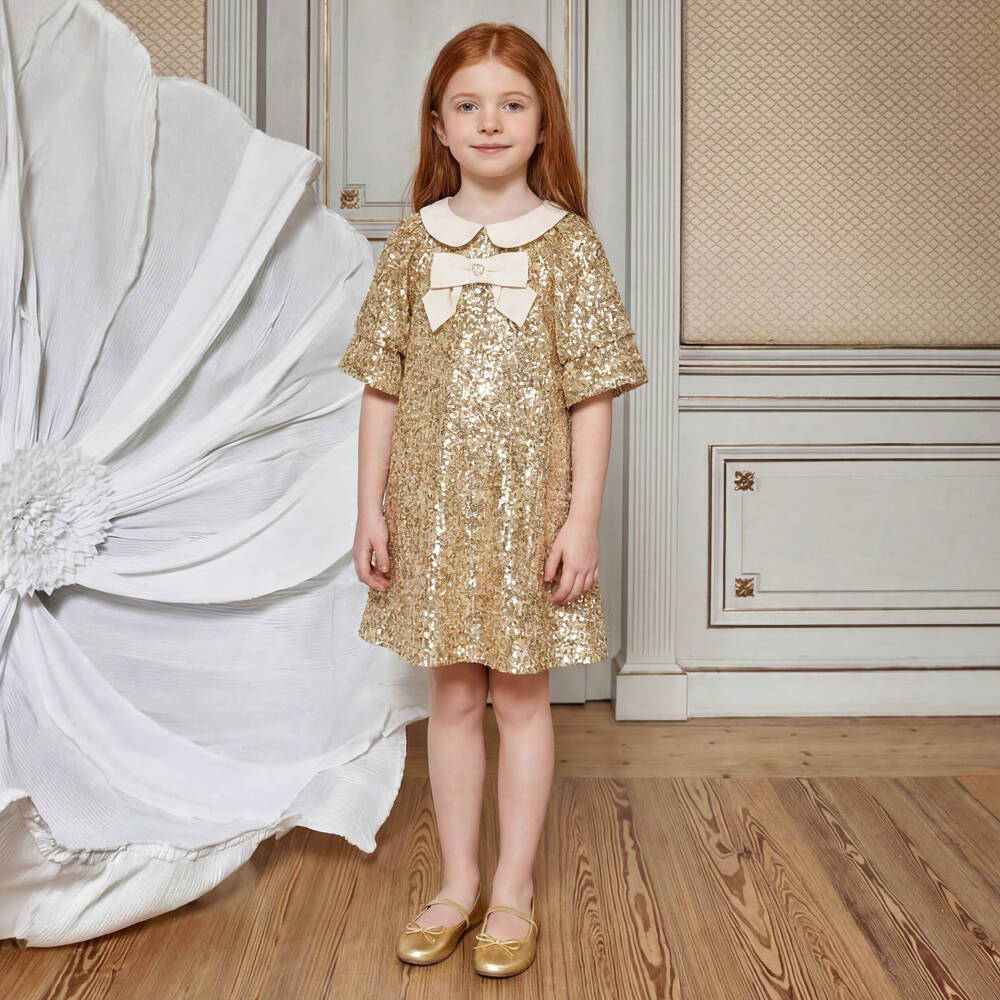 Patachou-Girls Gold Sequin Dress with Bow | Childrensalon