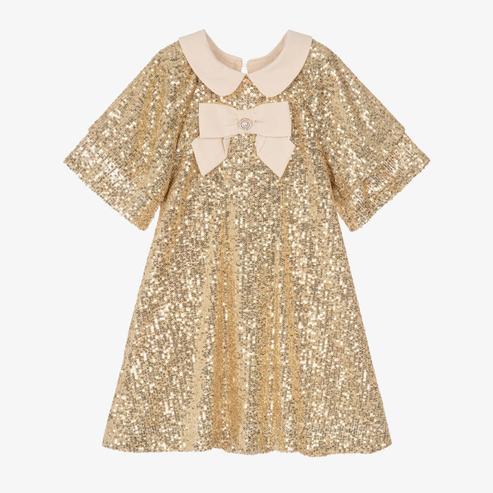 Patachou-Girls Gold Sequin Dress with Bow | Childrensalon