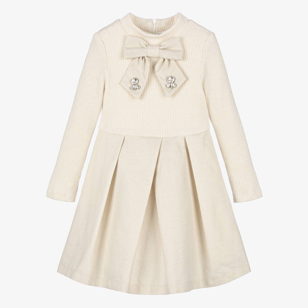Patachou-Girls Gold Shimmery Knit Bow Dress | Childrensalon