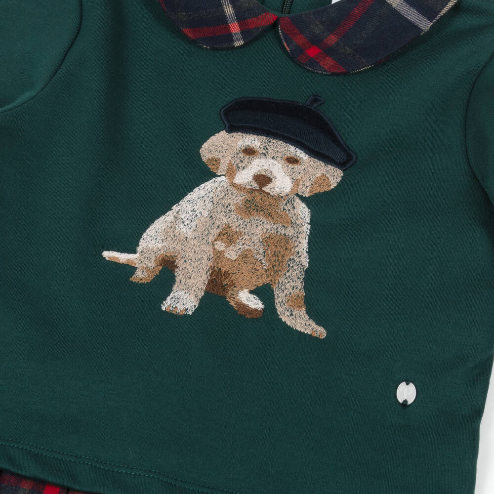 Patachou-Платье зеленое из хлопкового трикотажа и тартана | Childrensalon