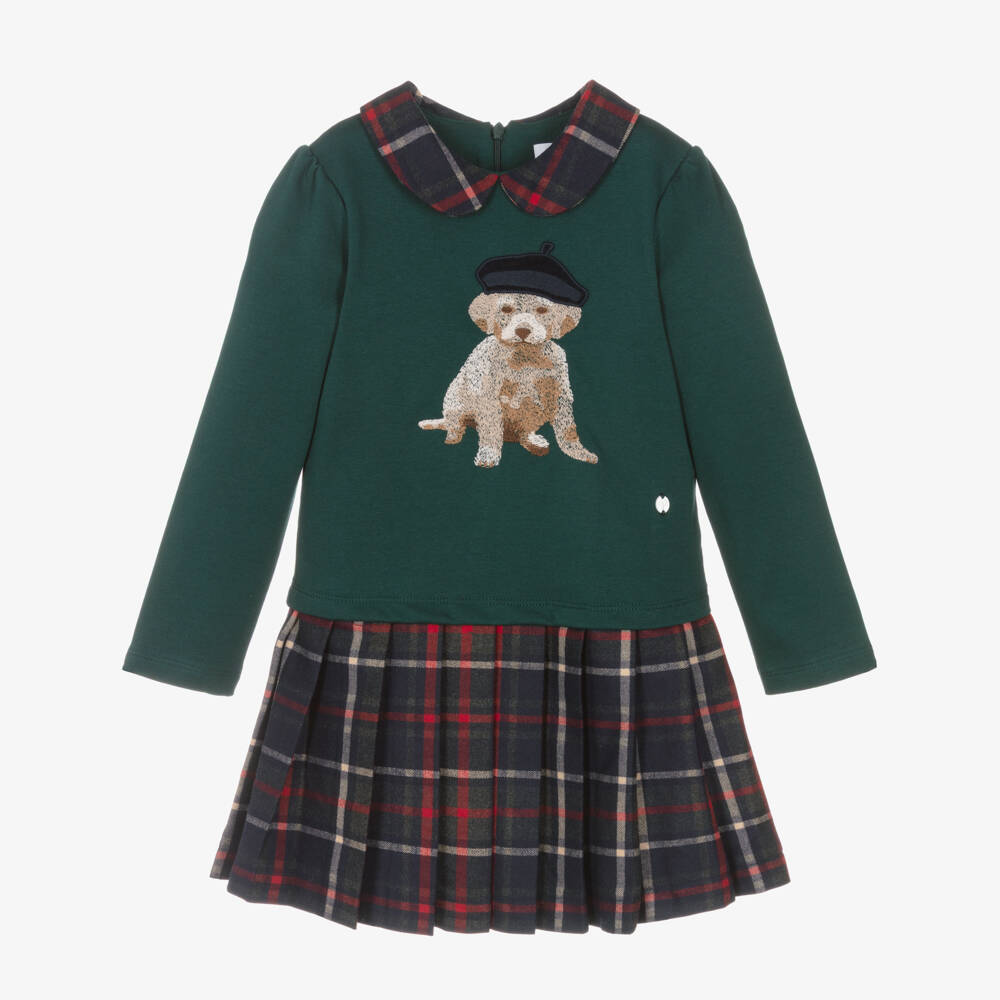 Patachou-Girls Green Cotton Jersey & Tartan Dress | Childrensalon