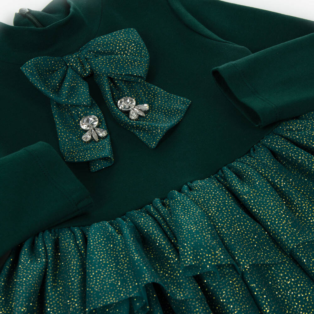 Patachou-Girls Green Glittery Tulle Tiered Dress | Childrensalon