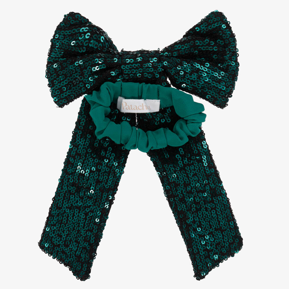 Patachou-Girls Green Sequinned Bow Scrunchy (15cm) | Childrensalon