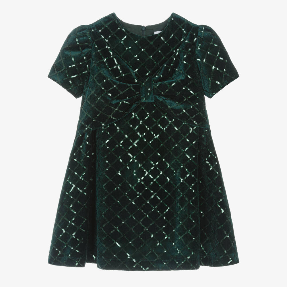 Patachou-Girls Green Sequinned Velour Dress with Bow | Childrensalon