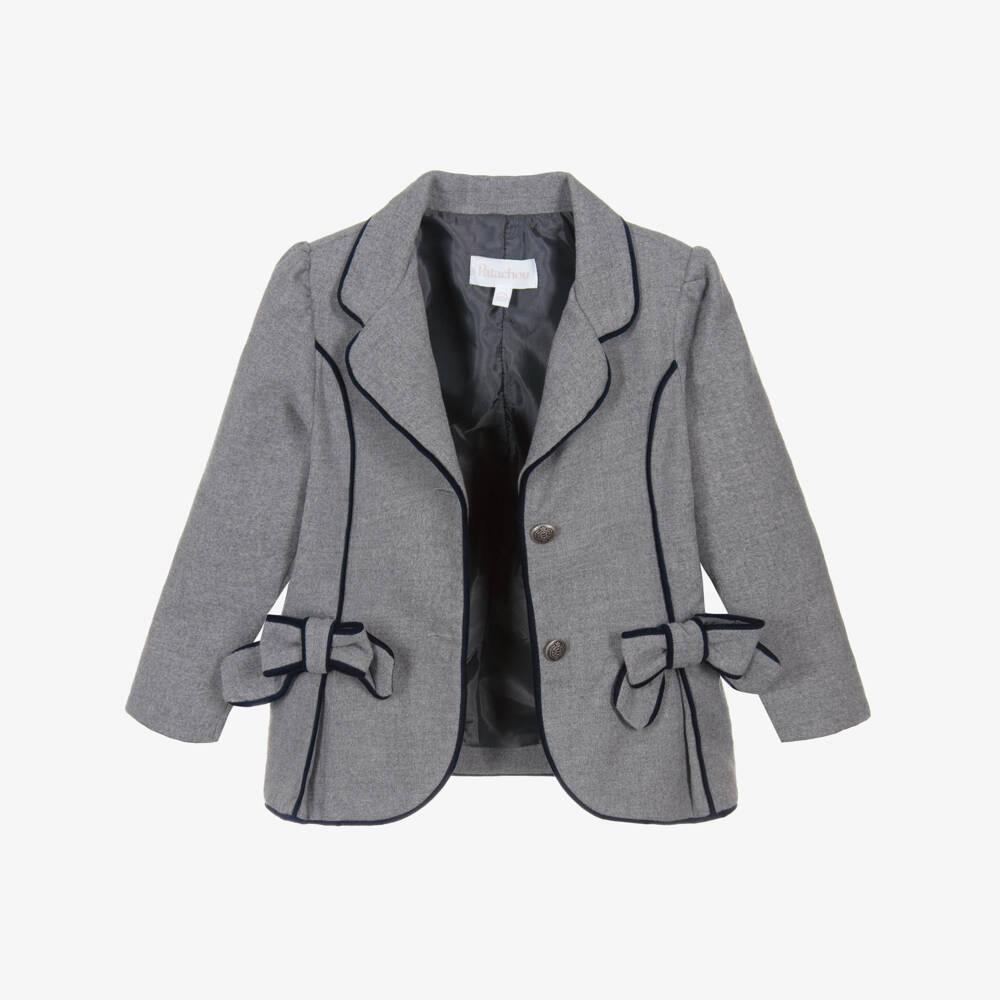 Patachou-Girls Grey Blazer with Navy Blue Piping | Childrensalon