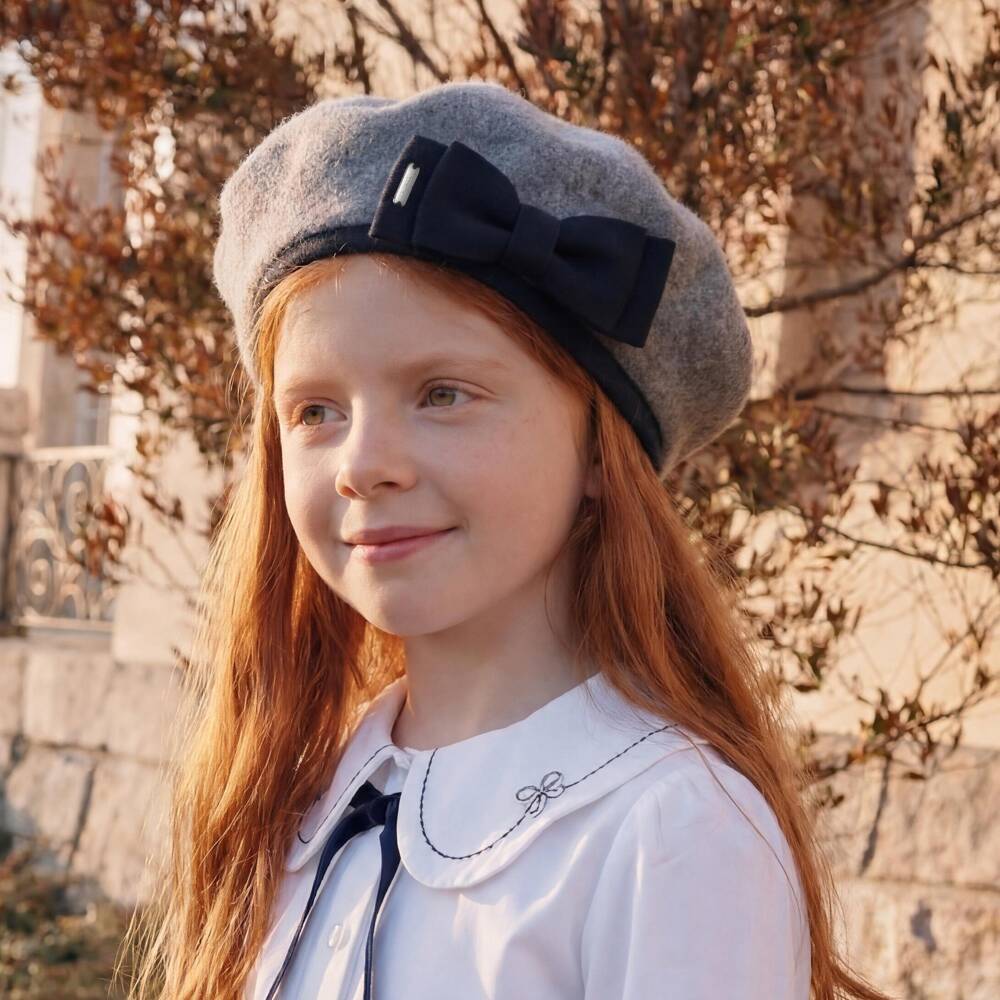 Patachou-Girls Grey & Navy Blue Beret with Bow | Childrensalon