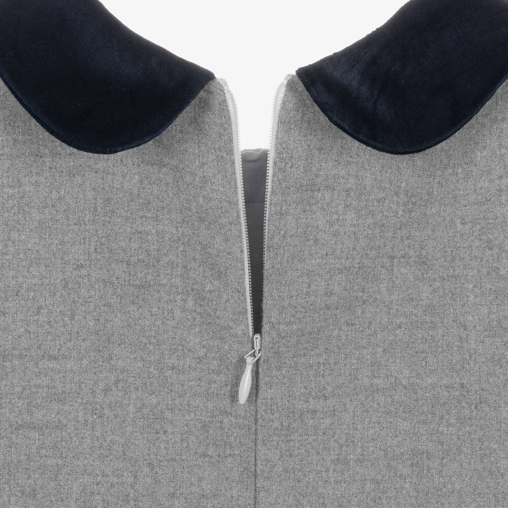 Patachou-Girls Grey Pinafore Dress with Navy Blue Velvet Collar | Childrensalon