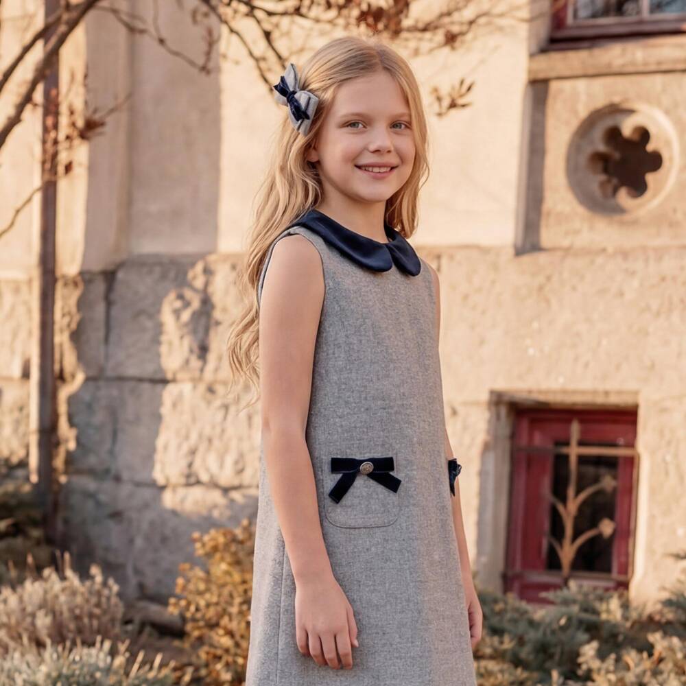 Patachou-Girls Grey Pinafore Dress with Navy Blue Velvet Collar | Childrensalon