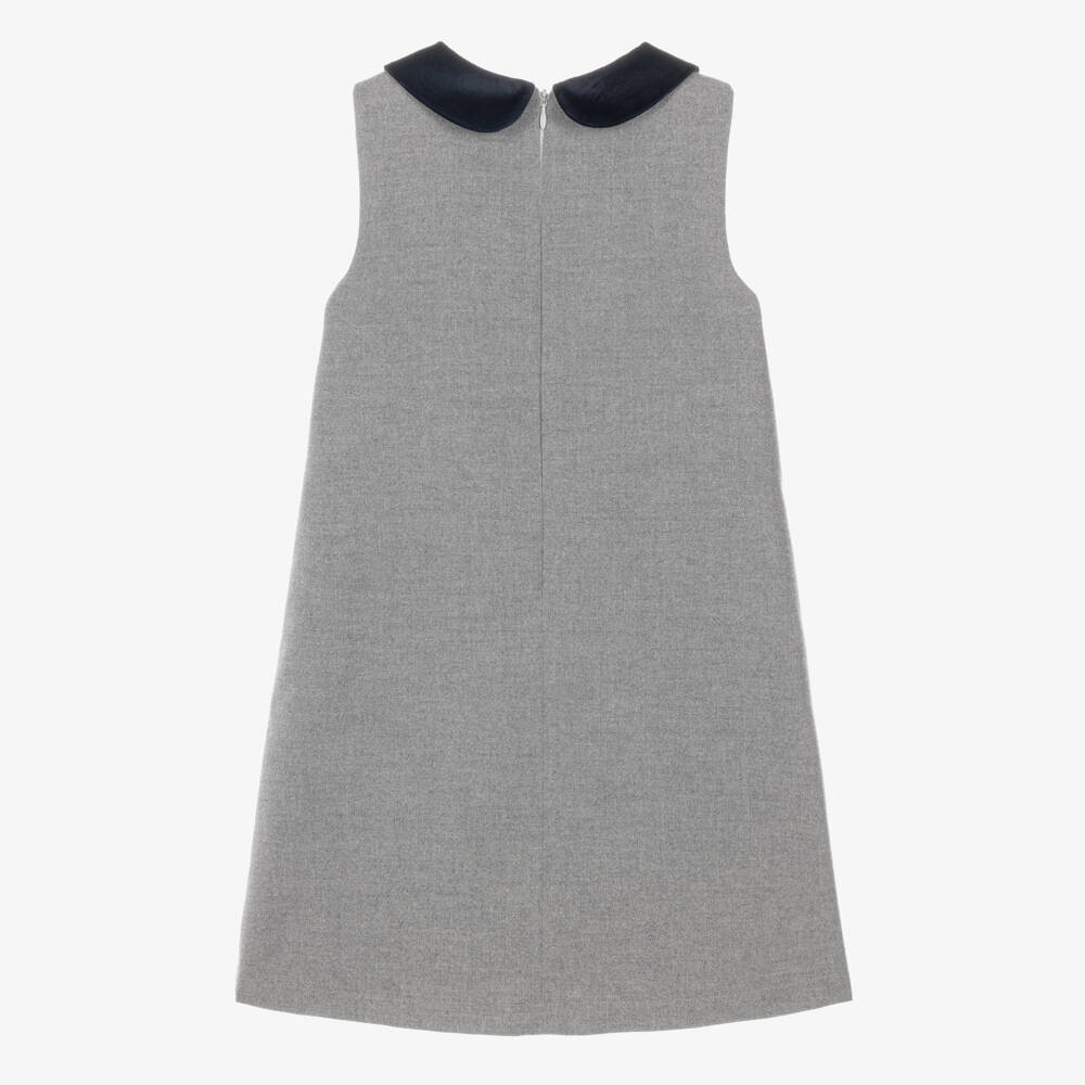 Patachou-Girls Grey Pinafore Dress with Navy Blue Velvet Collar | Childrensalon