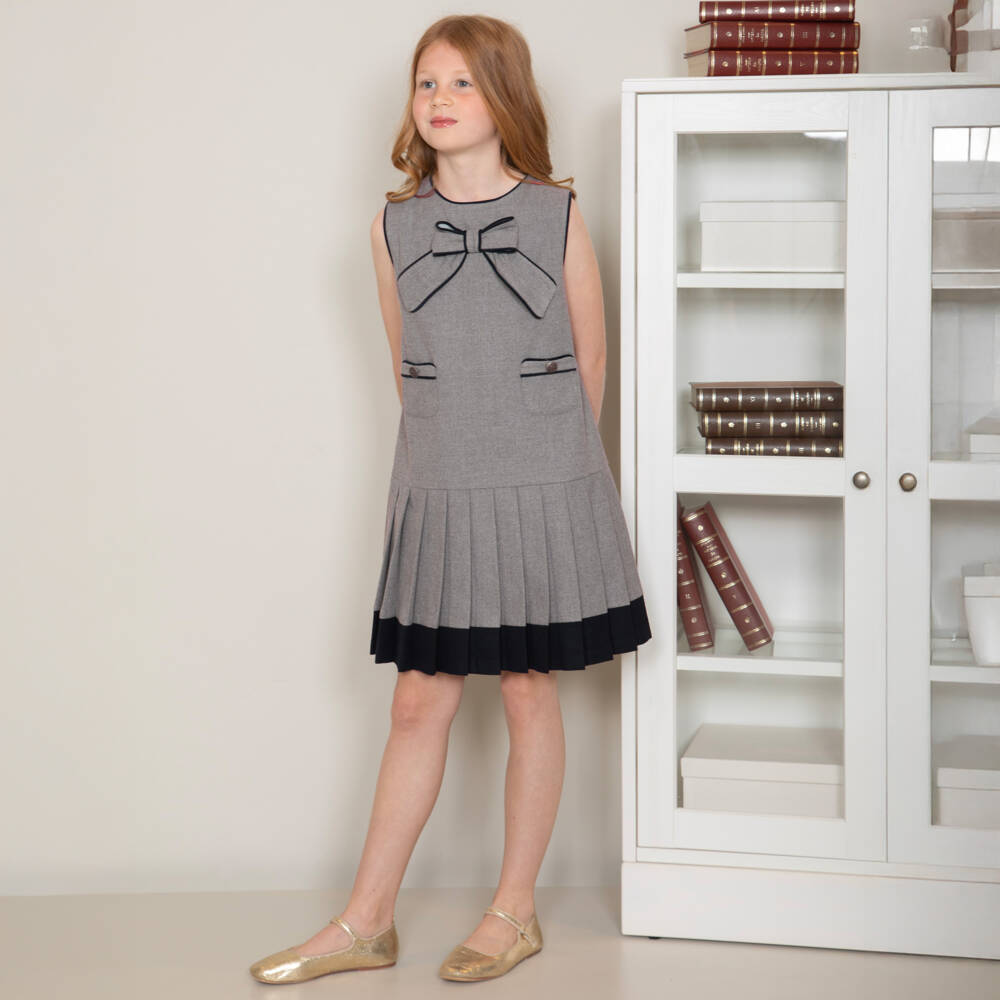 Patachou-Girls Grey Pleated Bow Dress with Navy Blue Piping | Childrensalon