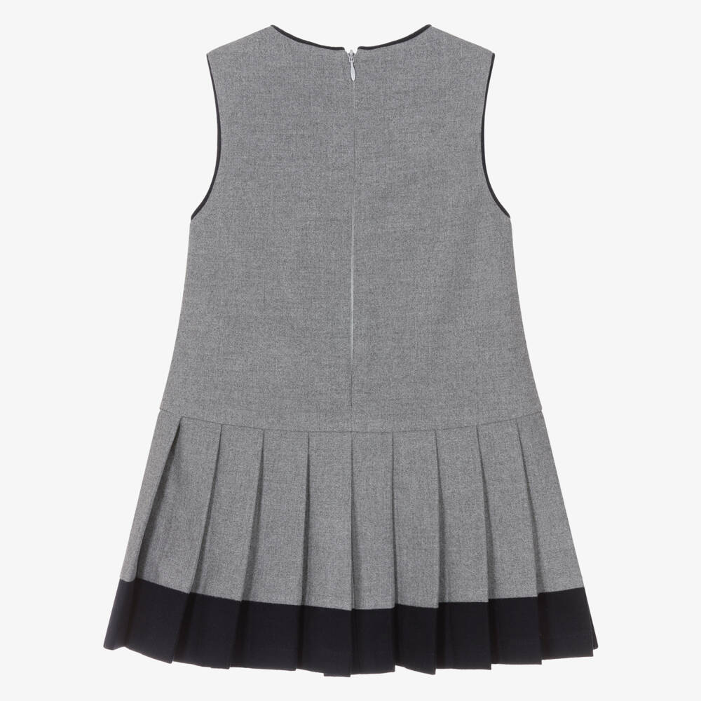 Patachou-Girls Grey Pleated Bow Dress with Navy Blue Piping | Childrensalon