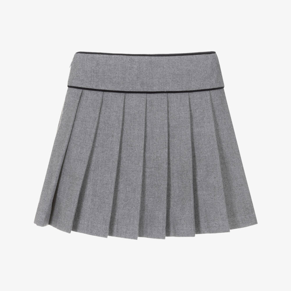 Patachou-Girls Grey Pleated Skirt with Navy Blue Piping | Childrensalon