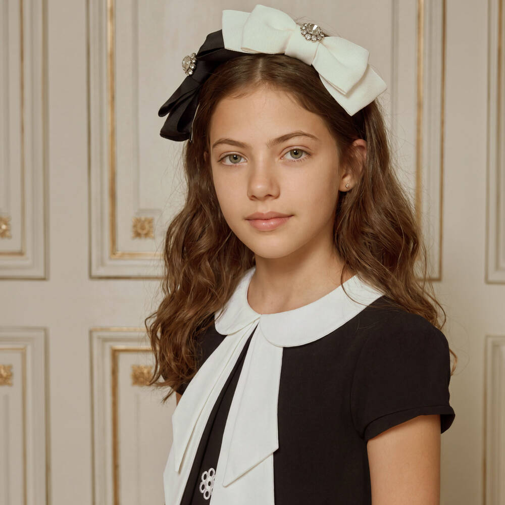 Patachou-Girls Hairband with Ivory & Black Bows | Childrensalon