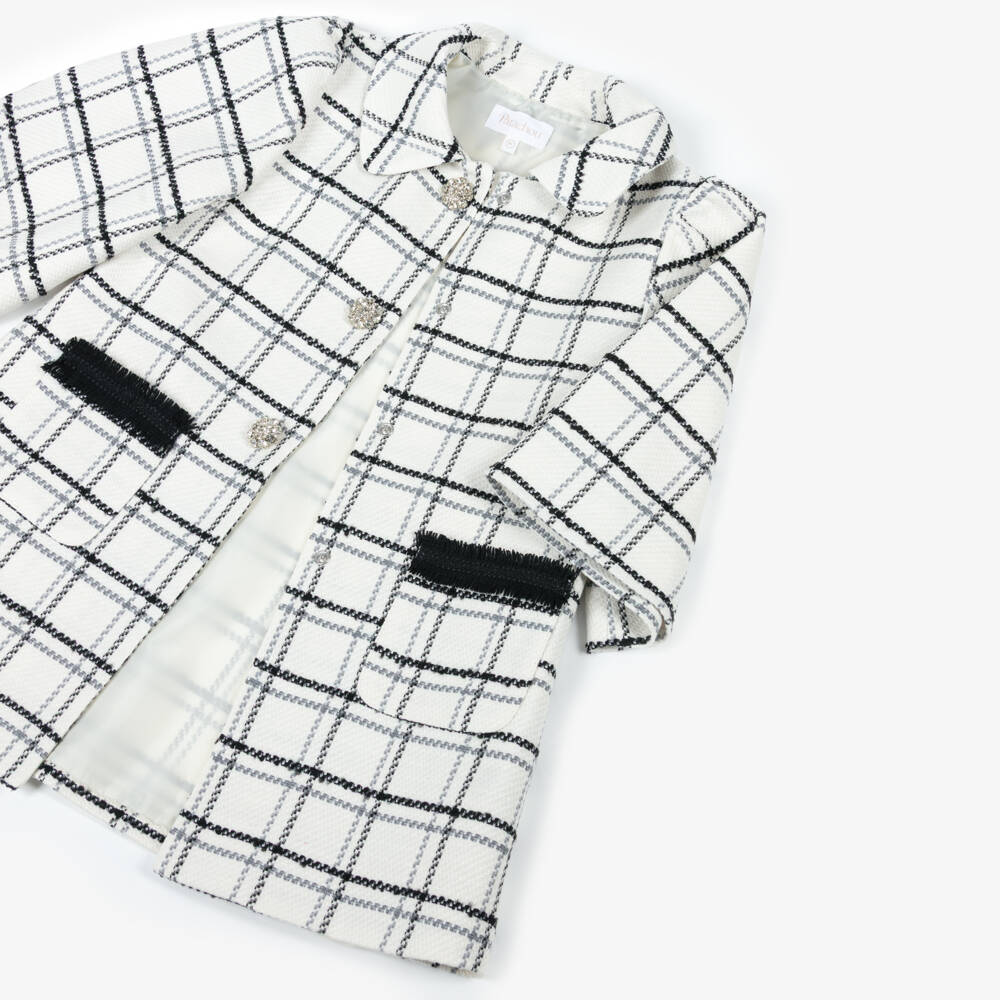 Patachou-Girls Ivory & Black Check Coat with Diamanté Buttons | Childrensalon