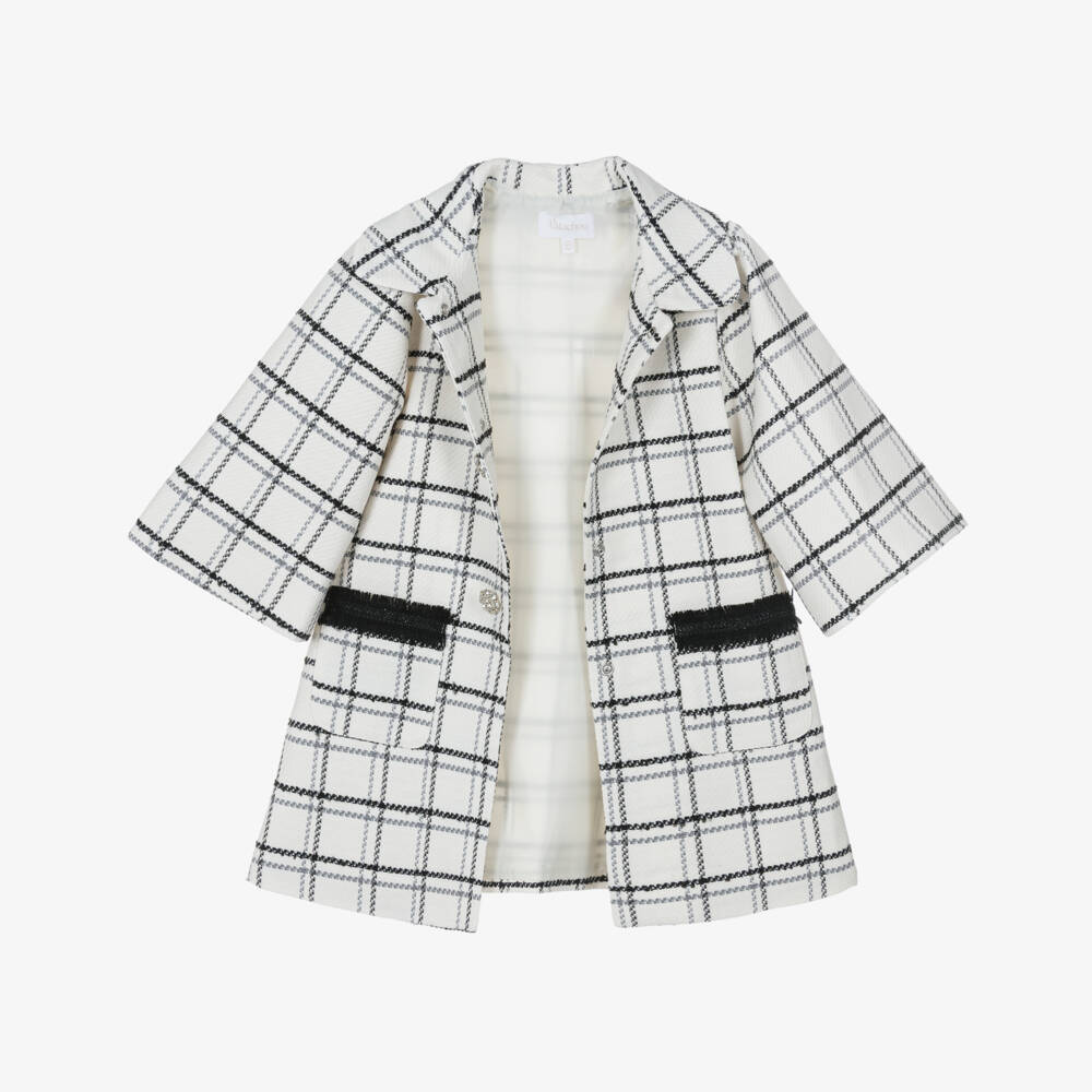 Patachou-Girls Ivory & Black Check Coat with Diamanté Buttons | Childrensalon