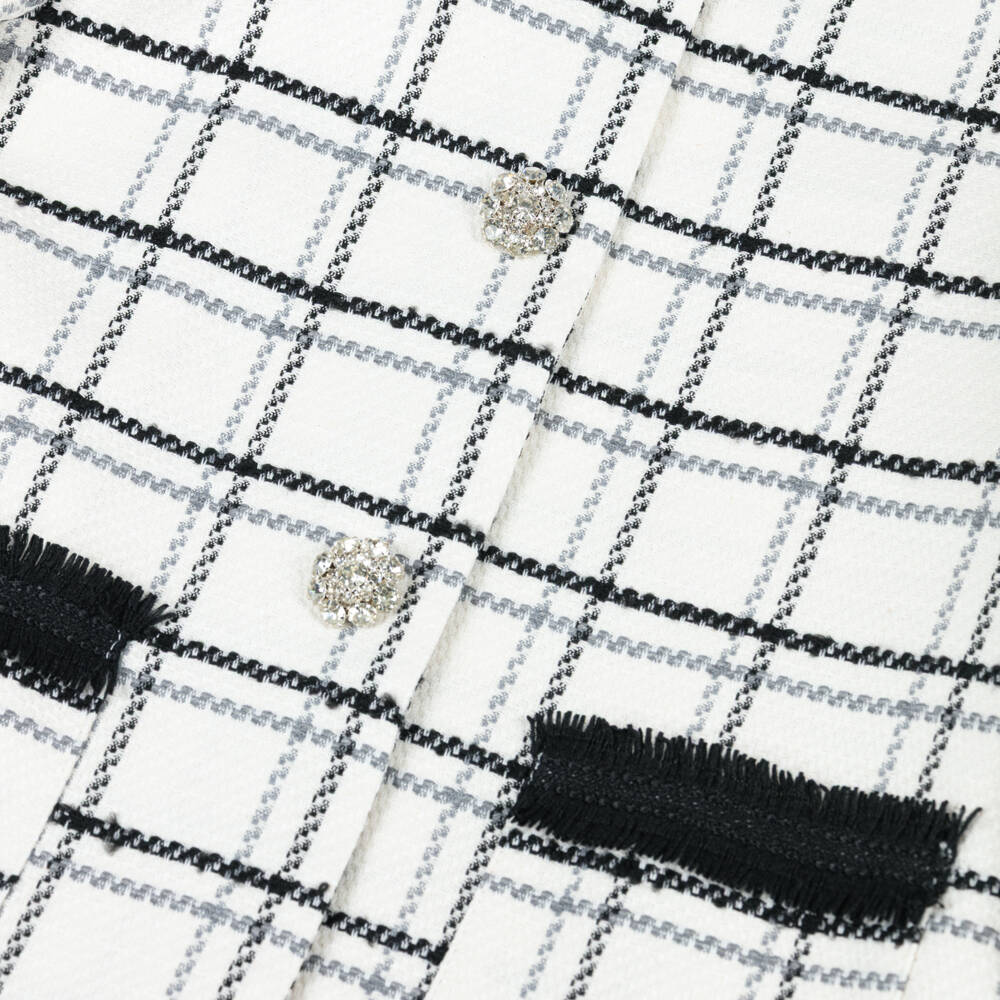 Patachou-Girls Ivory & Black Check Coat with Diamanté Buttons | Childrensalon