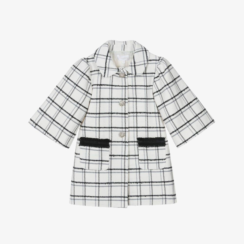 Patachou-Girls Ivory & Black Check Coat with Diamanté Buttons | Childrensalon