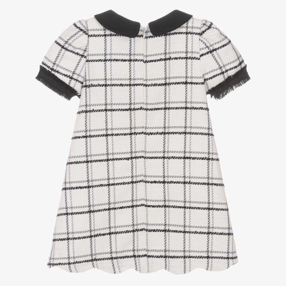 Patachou-Girls Ivory & Black Check Tweed Dress with Bow | Childrensalon