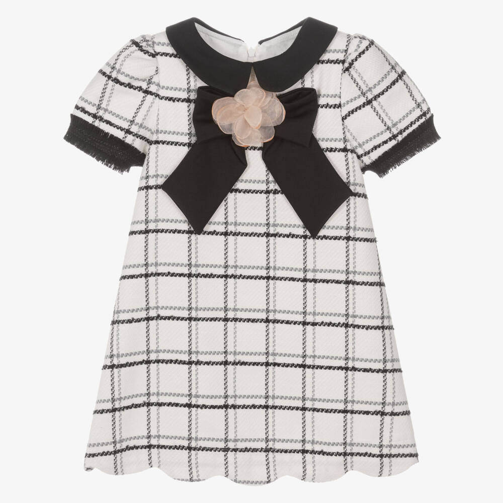 Patachou-Girls Ivory & Black Check Tweed Dress with Bow | Childrensalon