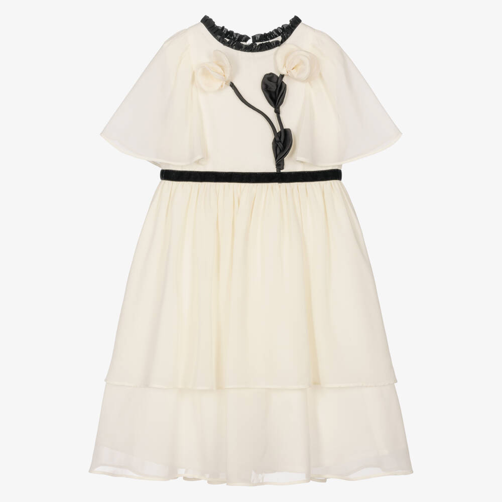 Patachou-Girls Ivory & Black Chiffon Dress with 3D Flowers | Childrensalon