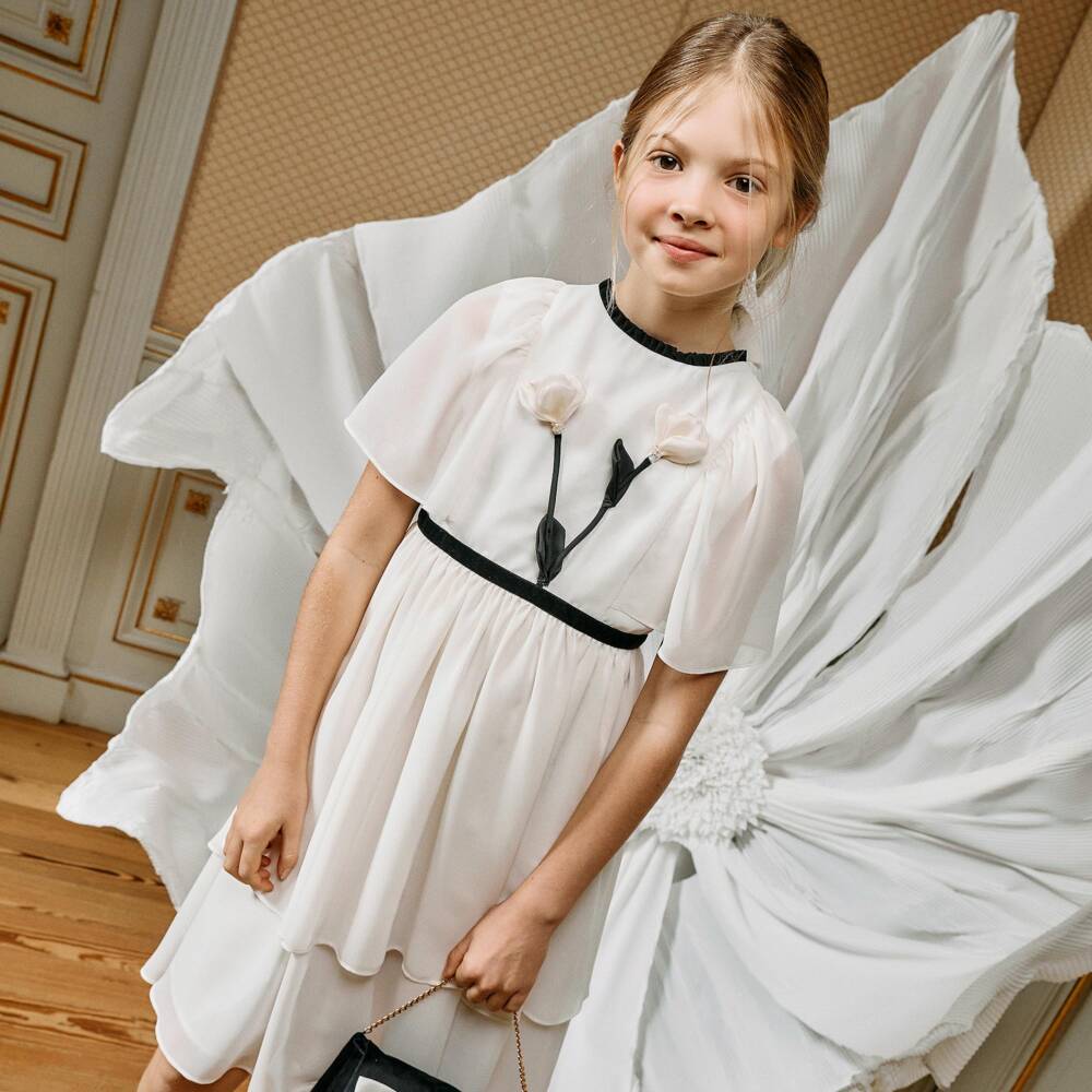 Patachou-Girls Ivory & Black Chiffon Dress with 3D Flowers | Childrensalon