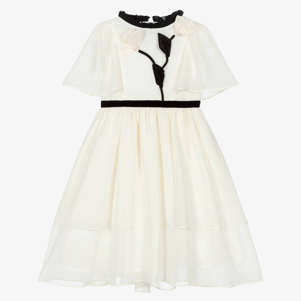 Patachou-Girls Ivory & Black Chiffon Dress with 3D Flowers | Childrensalon