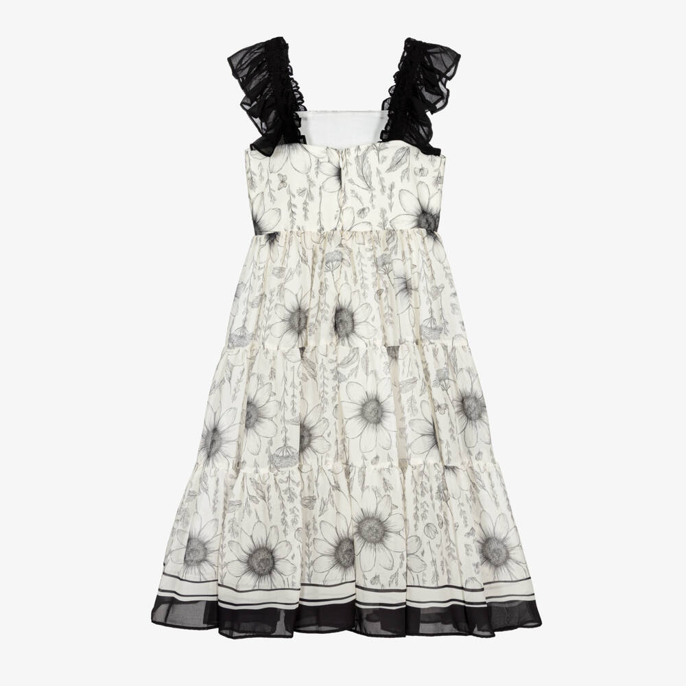 Patachou-Girls Ivory & Black Floral Chiffon Dress | Childrensalon