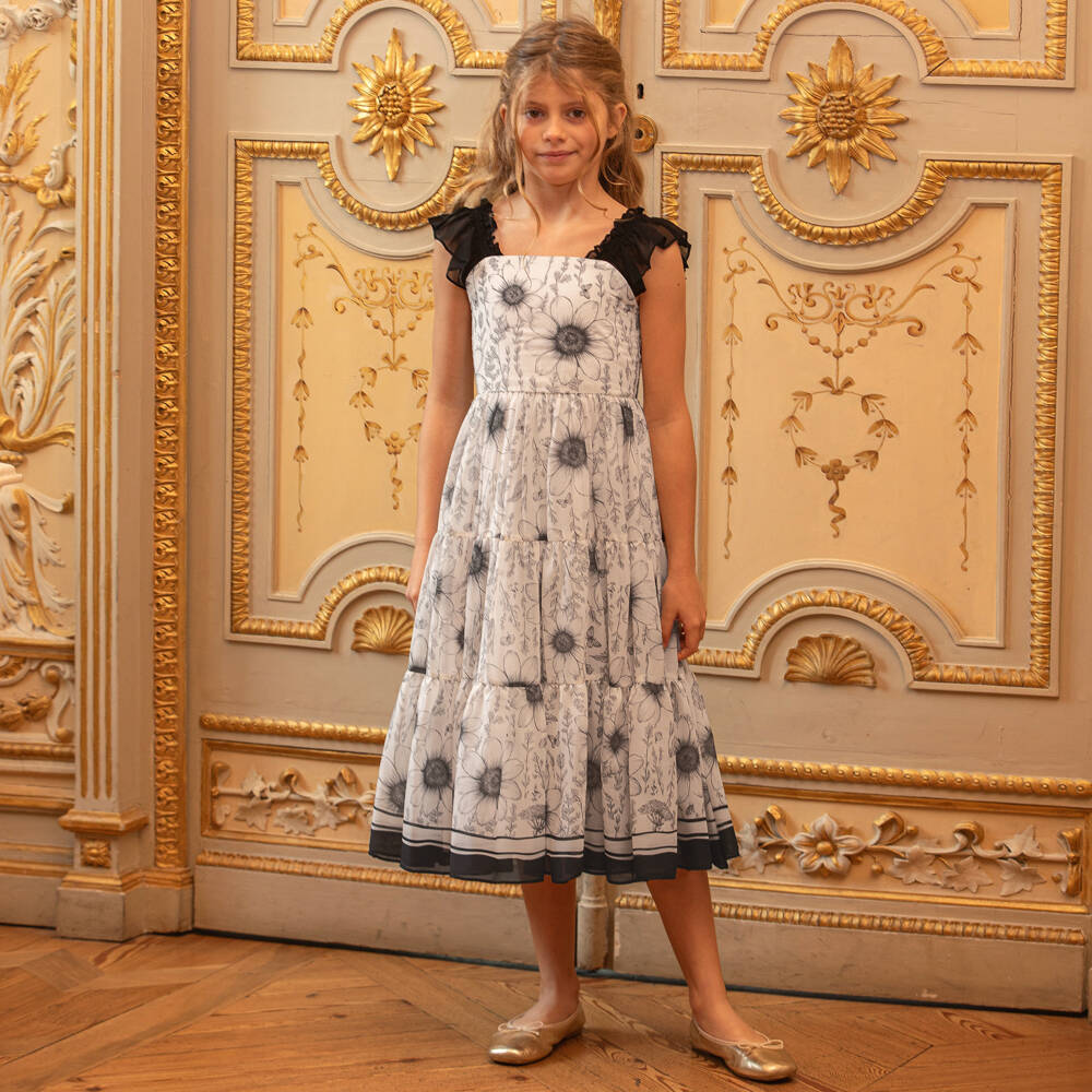 Patachou-Girls Ivory & Black Floral Chiffon Dress | Childrensalon