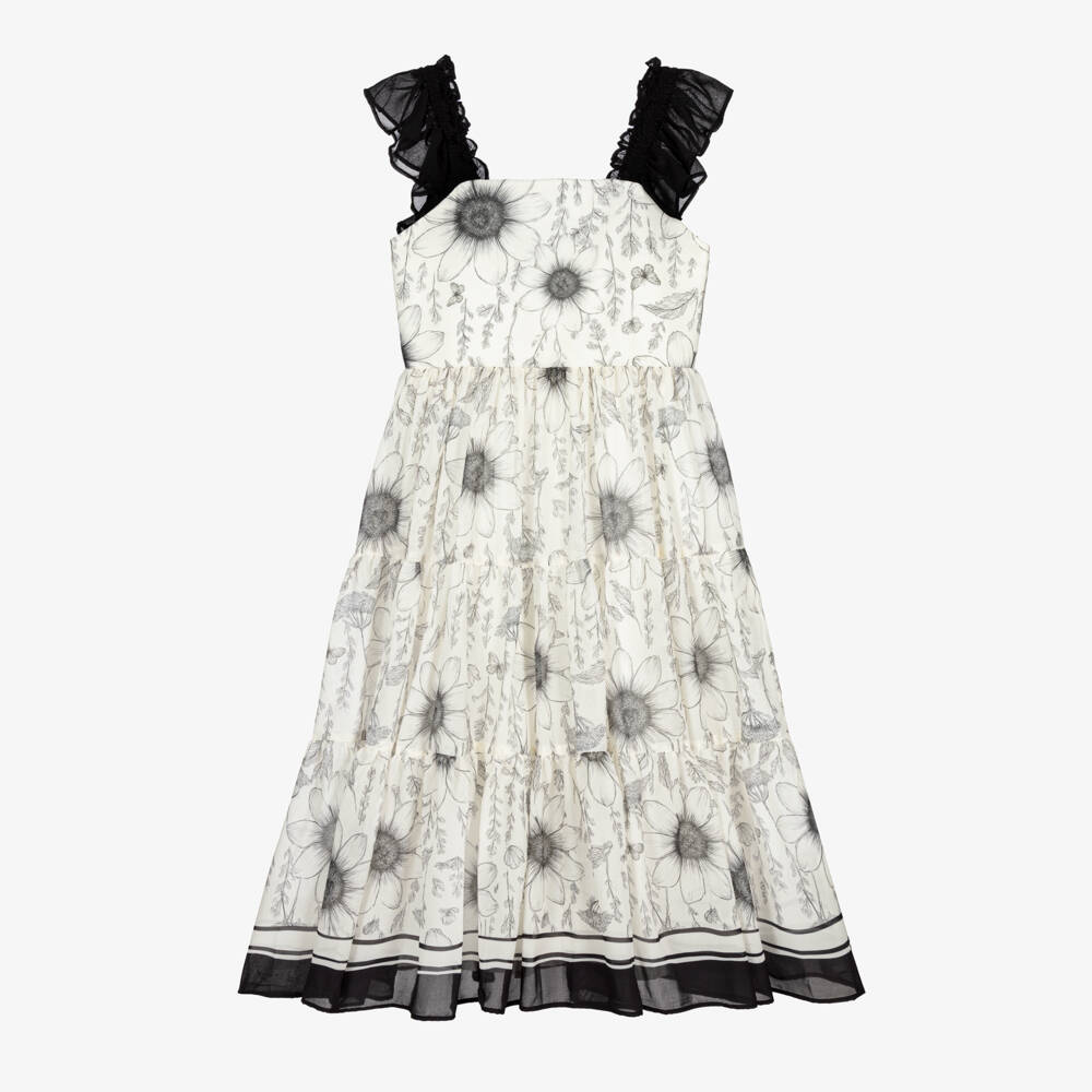 Patachou-Girls Ivory & Black Floral Chiffon Dress | Childrensalon