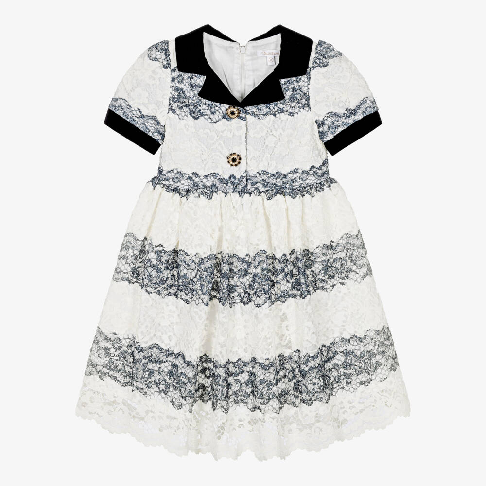 Patachou-Girls Ivory & Black Lace Dress with Gemstone Buttons | Childrensalon