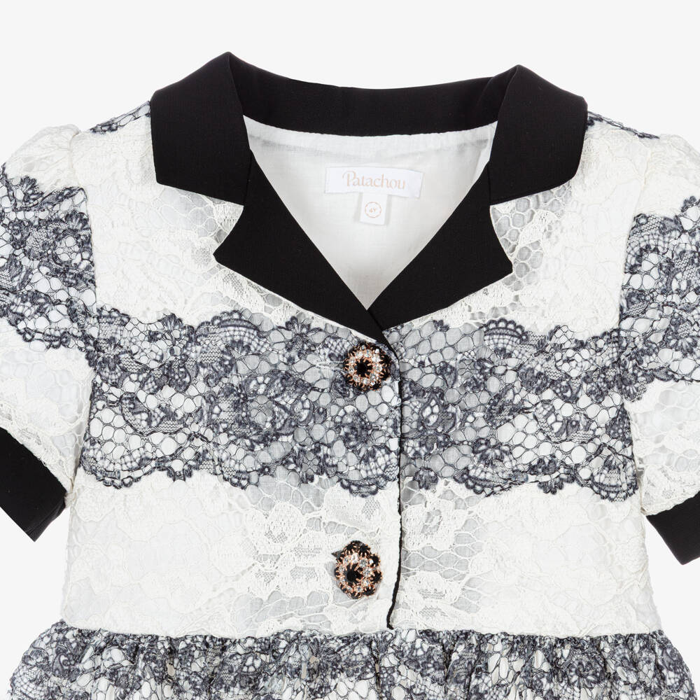 Patachou-Girls Ivory & Black Lace Dress with Gemstone Buttons | Childrensalon