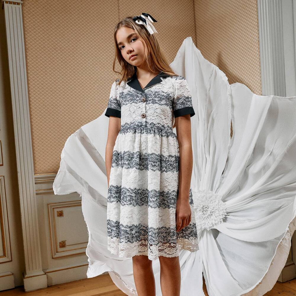 Patachou-Girls Ivory & Black Lace Dress with Gemstone Buttons | Childrensalon
