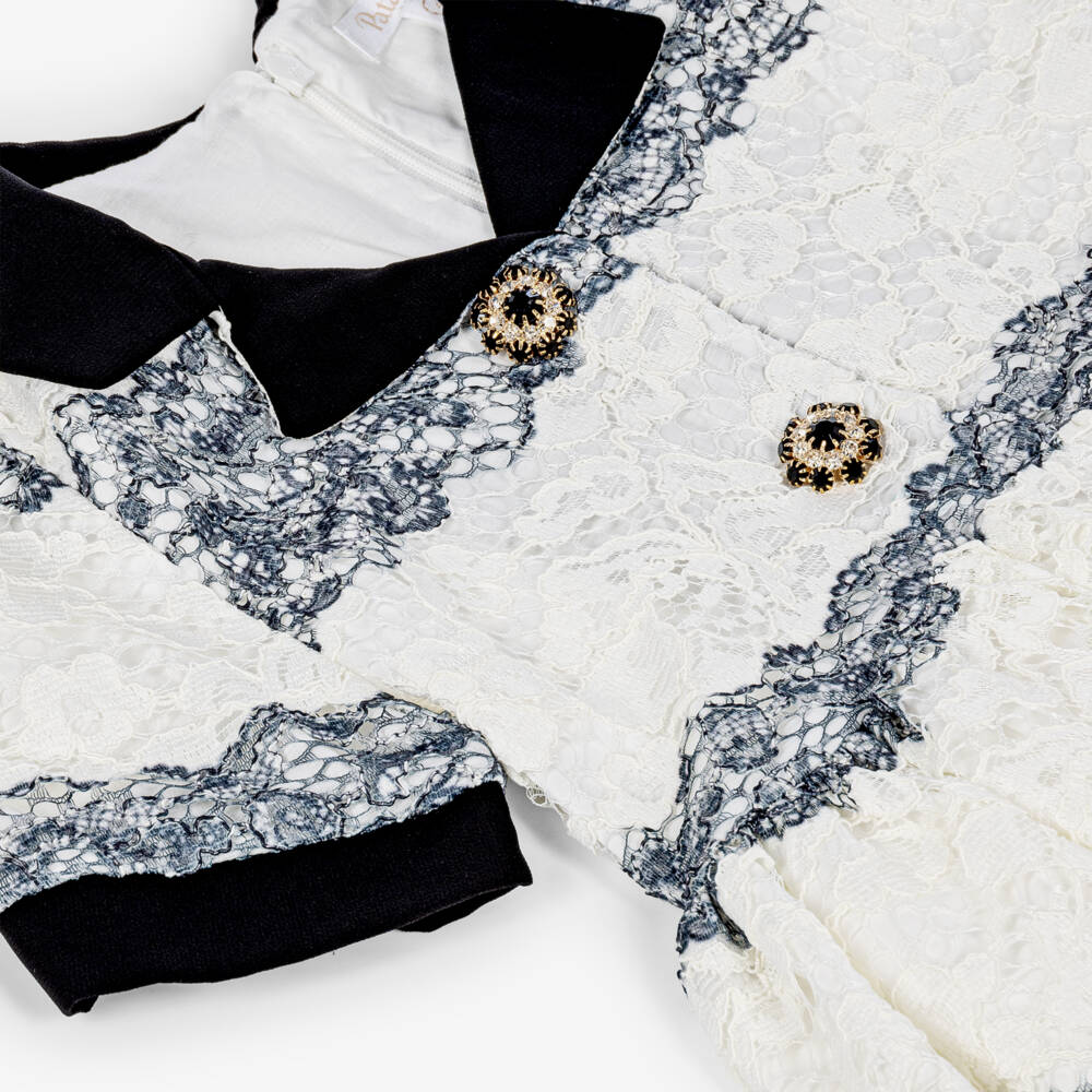 Patachou-Girls Ivory & Black Lace Dress with Gemstone Buttons | Childrensalon
