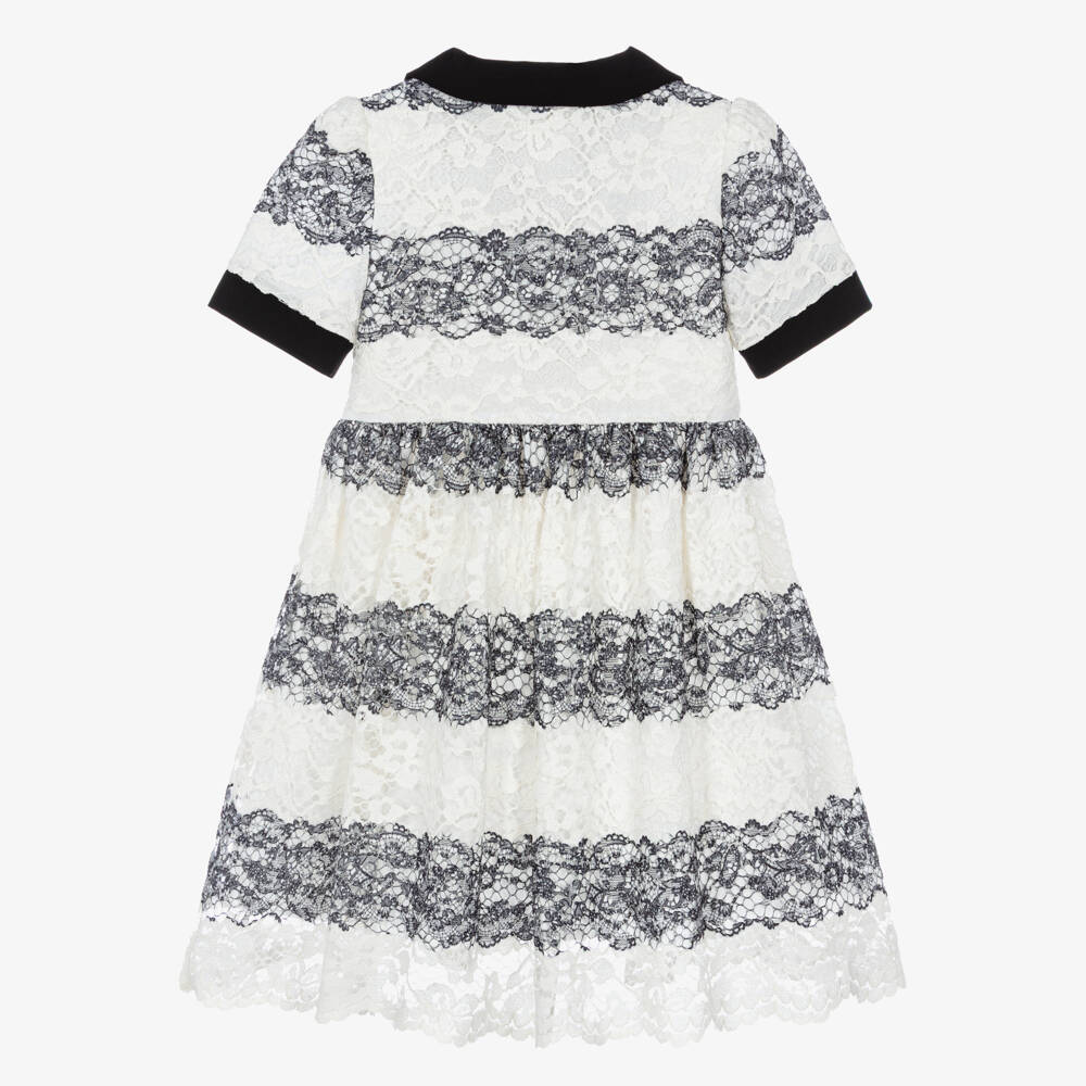 Patachou-Girls Ivory & Black Lace Dress with Gemstone Buttons | Childrensalon
