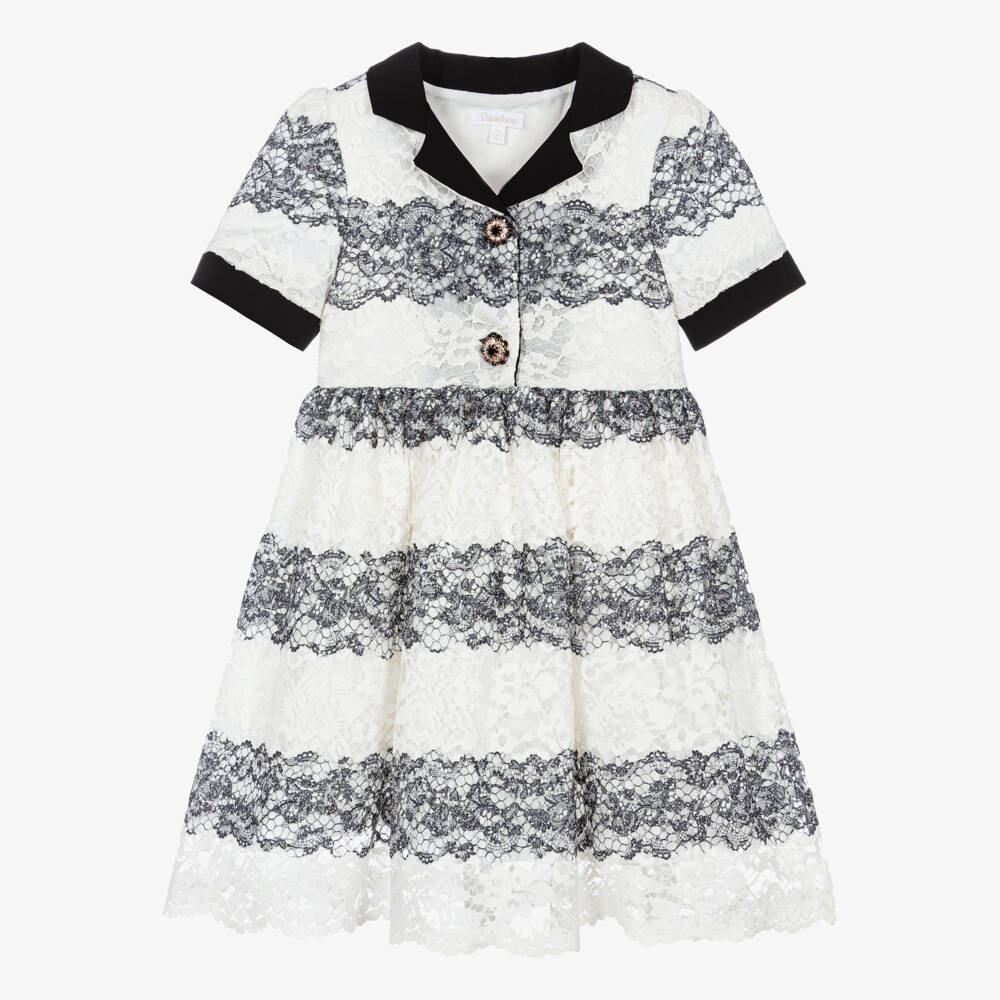 Patachou-Girls Ivory & Black Lace Dress with Gemstone Buttons | Childrensalon