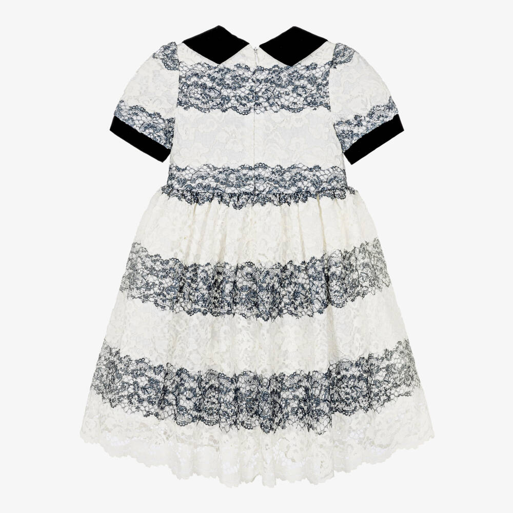 Patachou-Girls Ivory & Black Lace Dress with Gemstone Buttons | Childrensalon