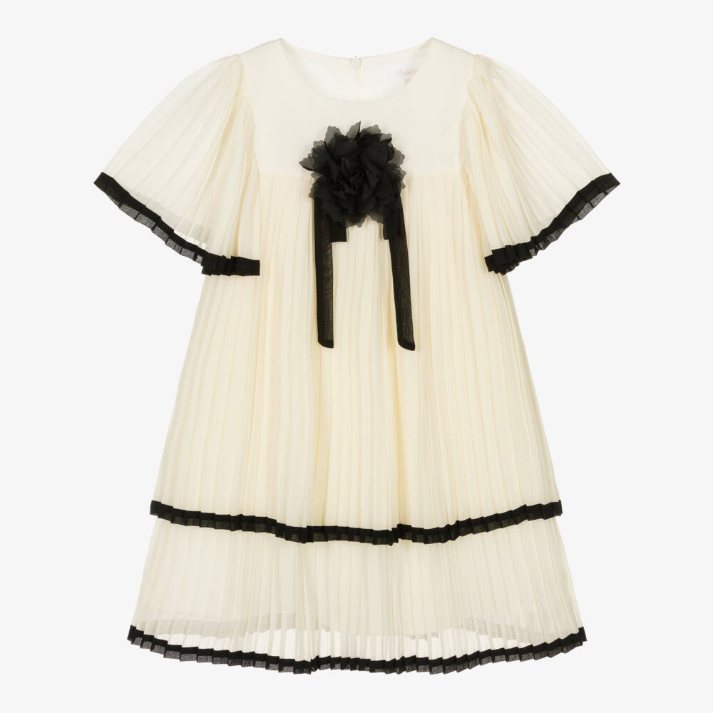 Patachou-Girls Ivory & Black Pleated Chiffon Dress | Childrensalon