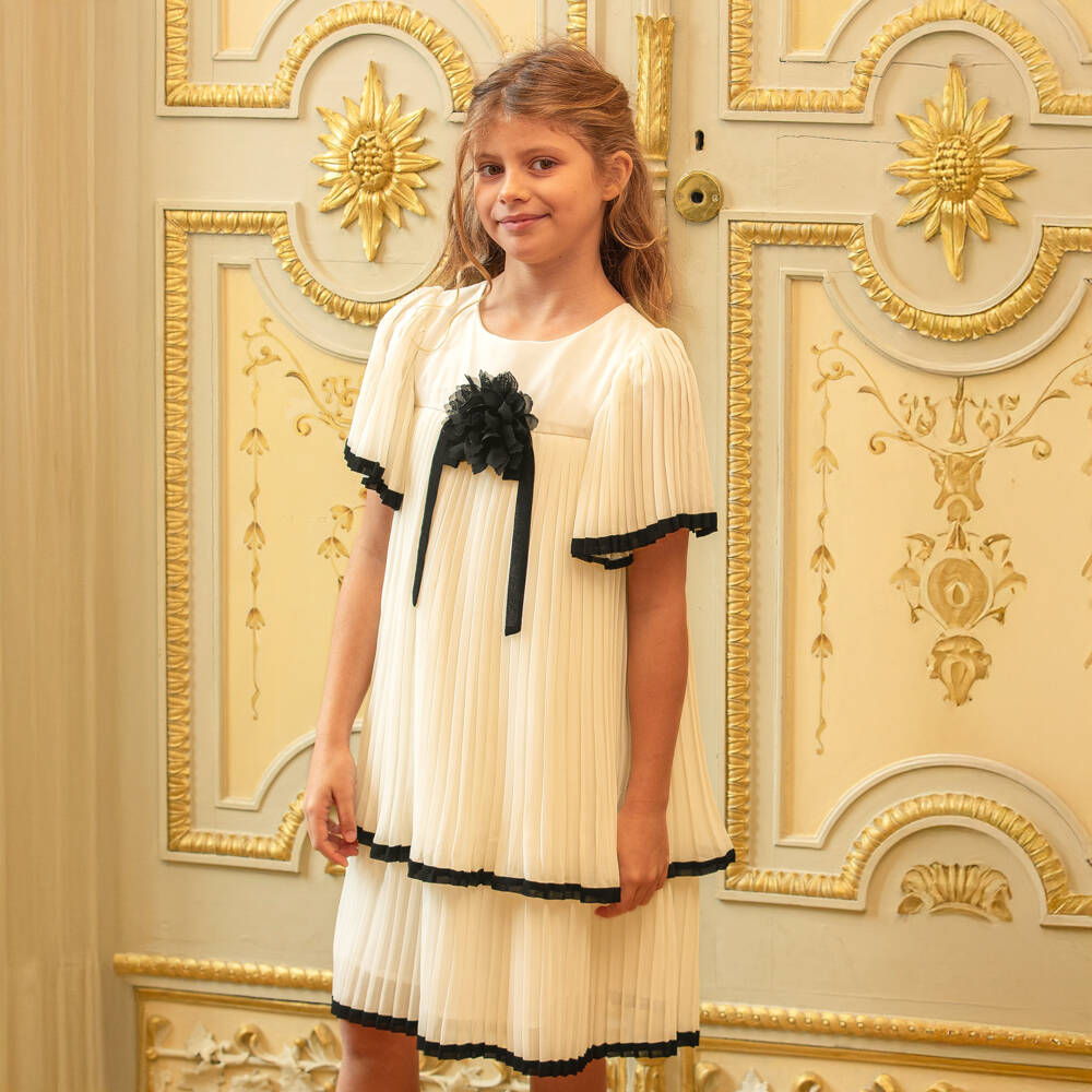 Patachou-Girls Ivory & Black Pleated Chiffon Dress | Childrensalon