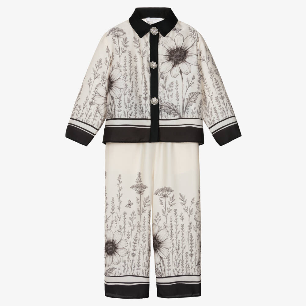Patachou-Girls Ivory & Black Satin Trouser Set | Childrensalon