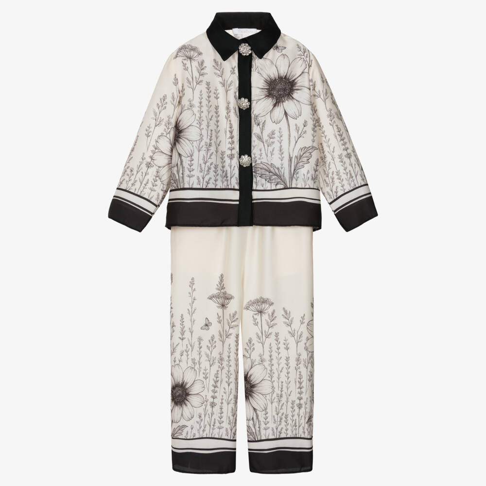 Patachou-Girls Ivory & Black Satin Trouser Set | Childrensalon