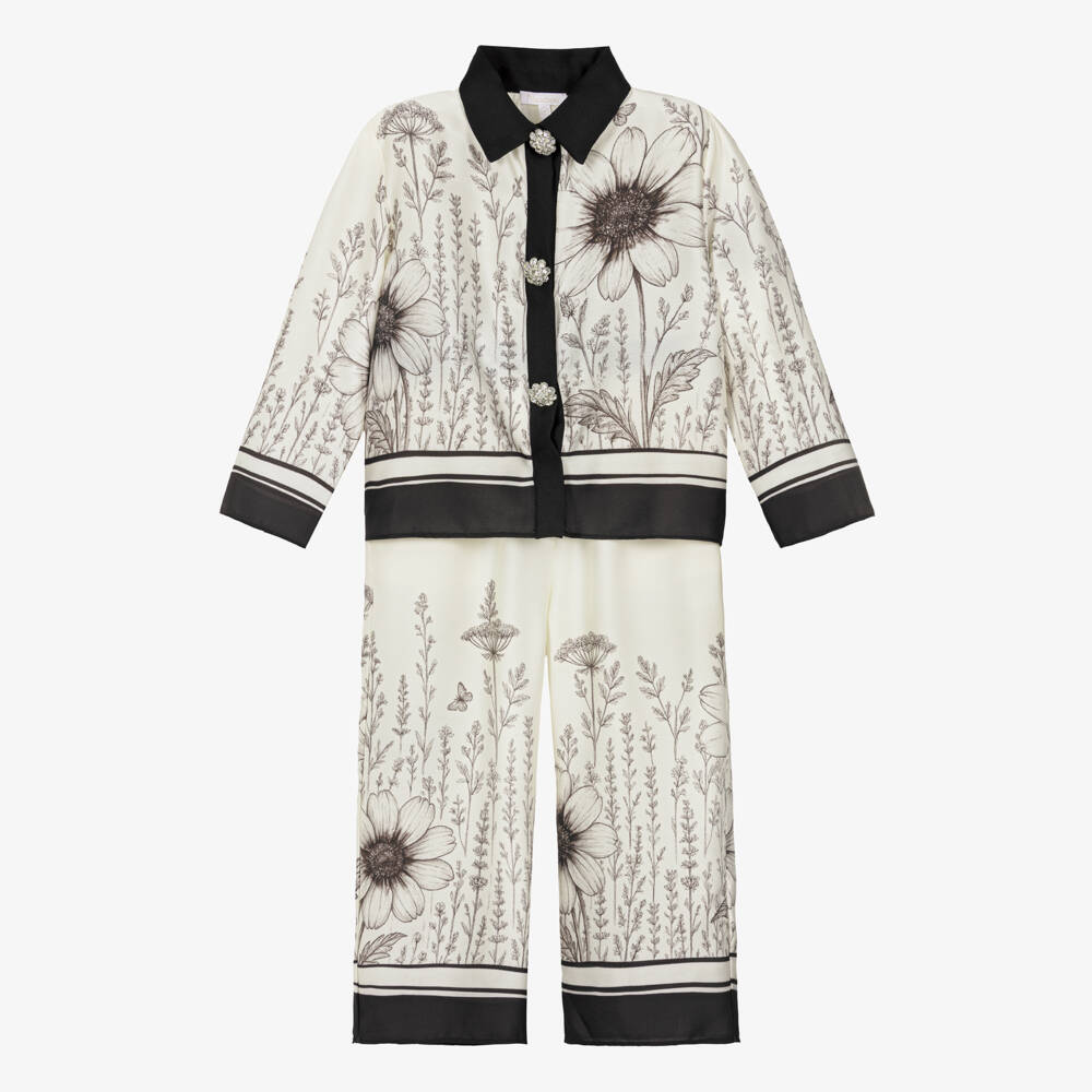 Patachou-Girls Ivory & Black Satin Trouser Set | Childrensalon