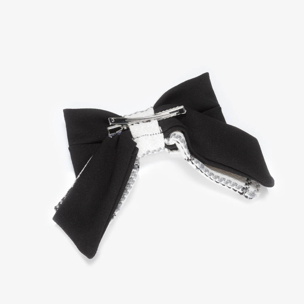 Patachou-Girls Ivory & Black Tweed Bow Hair Clip (14cm) | Childrensalon