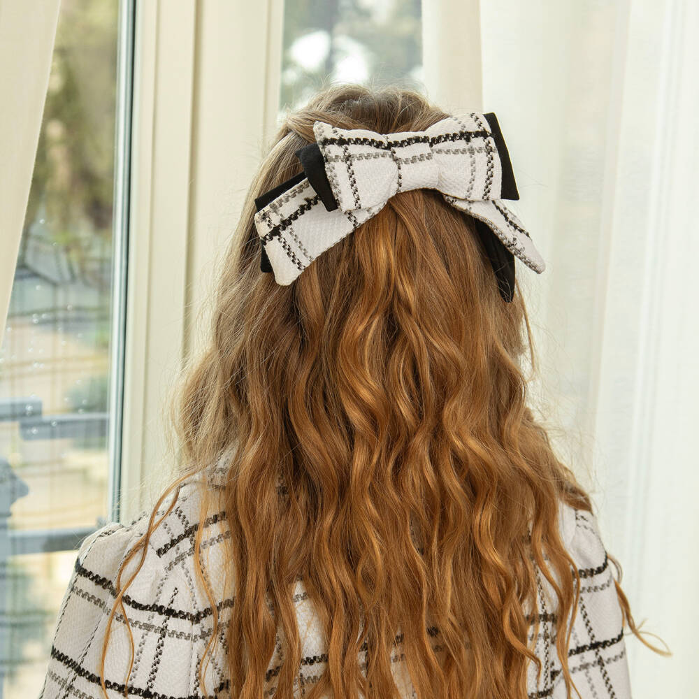 Patachou-Girls Ivory & Black Tweed Bow Hair Clip (14cm) | Childrensalon